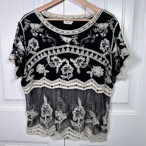 Ember Embroidered Mesh Top Women Large Black Cream Floral Boho Lace Trim